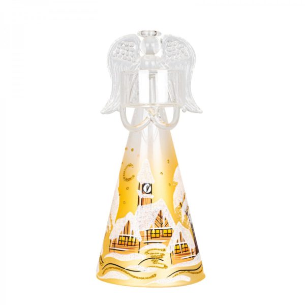 Teo - Anjel veľký zlatý s miskou na sviecku v rukách - zimná krajina